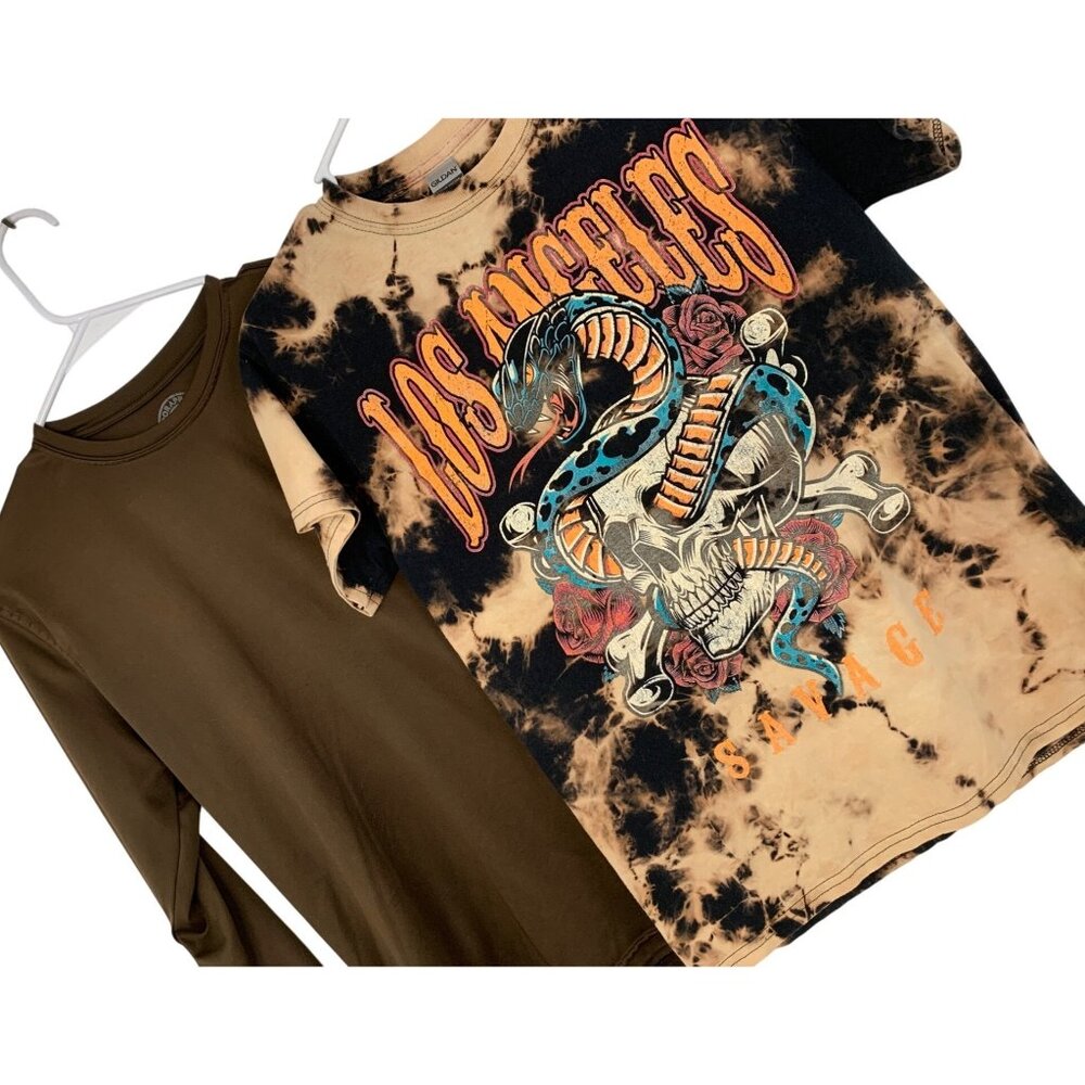 Lot of 2 S Gildan Tie-Dye Los Angeles Graphic Tee & Vapor LS Shirt Bundle 8868
